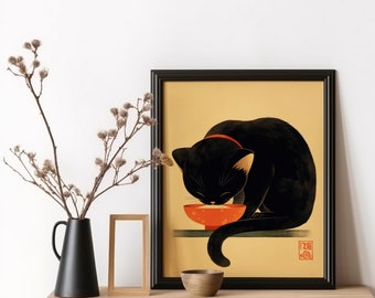Bowl of Rice Cat Art, Tokyo Black Cat Rice Art Print, Japanese Food Asian Poster, Kitchen Wall Art, Minimalist Food Art, Minimalist Cat Art