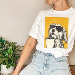 Dog with Sunglasses Graphic Tee, Funny Dog Tee Shirt, Coffee Dog Tshirt, Dog with Drink Illustration, Coffee Lovers, Dog Lovers