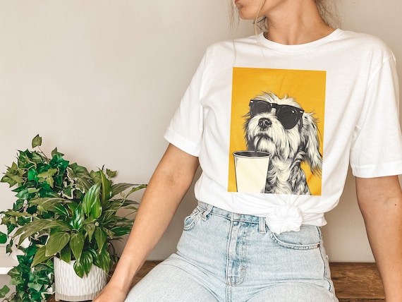 Dog with Sunglasses Graphic Tee, Funny Dog Tee Shirt, Coffee Dog Tshirt, Dog with Drink Illustration, Coffee Lovers, Dog Lovers