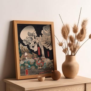 Japanese Skeleton Art Print Ukiyo-e Vintage Dark Fantasy Poster, Kuniyoshi Art Japan Gift Japanese Exhibition Poster Asian Halloween
