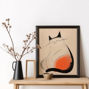Asian Big Cat Print, Japanese Cat Minimalist Wall Art, Oriental Decor, Funny Cat Artwork, Gift for Cat Lovers, Vintage Japanese Cat Art