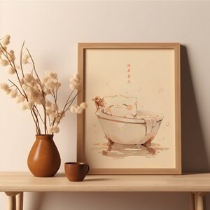 May include: A framed illustration of a white cat taking a bath in a bathtub with bubbles. The cat is smiling and has its eyes closed. The text "好好生活" is written in red on the right side of the image.