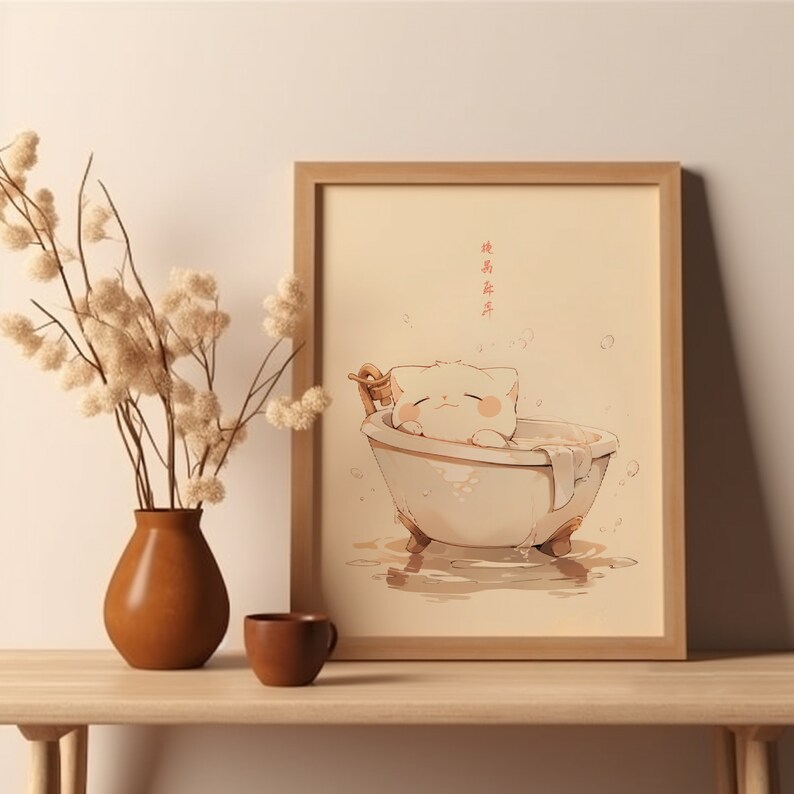 May include: A framed illustration of a white cat taking a bath in a bathtub with bubbles. The cat is smiling and has its eyes closed. The text "好好生活" is written in red on the right side of the image.