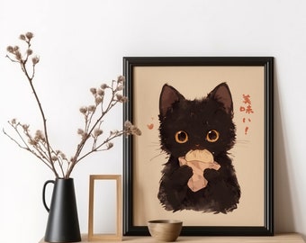 Op de afbeelding: Een zwarte kat met grote, ronde ogen eet een broodje. De kat kijkt recht naar de kijker. De achtergrond is lichtbeige met de Japanse tekst "美味しい!" wat "Lekker!" betekent in het Nederlands.