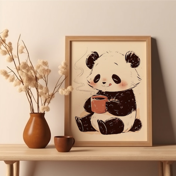 Panda Drinking Coffee Art, Kitchen Poster, Adorable Asian Panda Coffee Lover Poster, Panda Espresso Cafe Poster