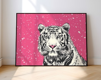 Cartel del tigre rosa caliente, impresión de arte del tigre nevado, arte minimalista de la pared del tigre, decoración de dopamina, arte animal, arte de la pared rosa rubor, arte de la pared nevada