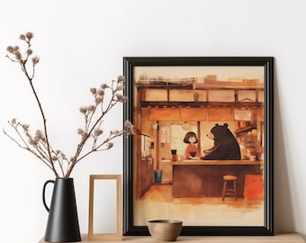 Japanese Ramen Noodle Shop, Bear Coworker Art Print, Studio Ghibli Inspired, Animal Lover Gift, Japanese Poster Kitchen Wall Art