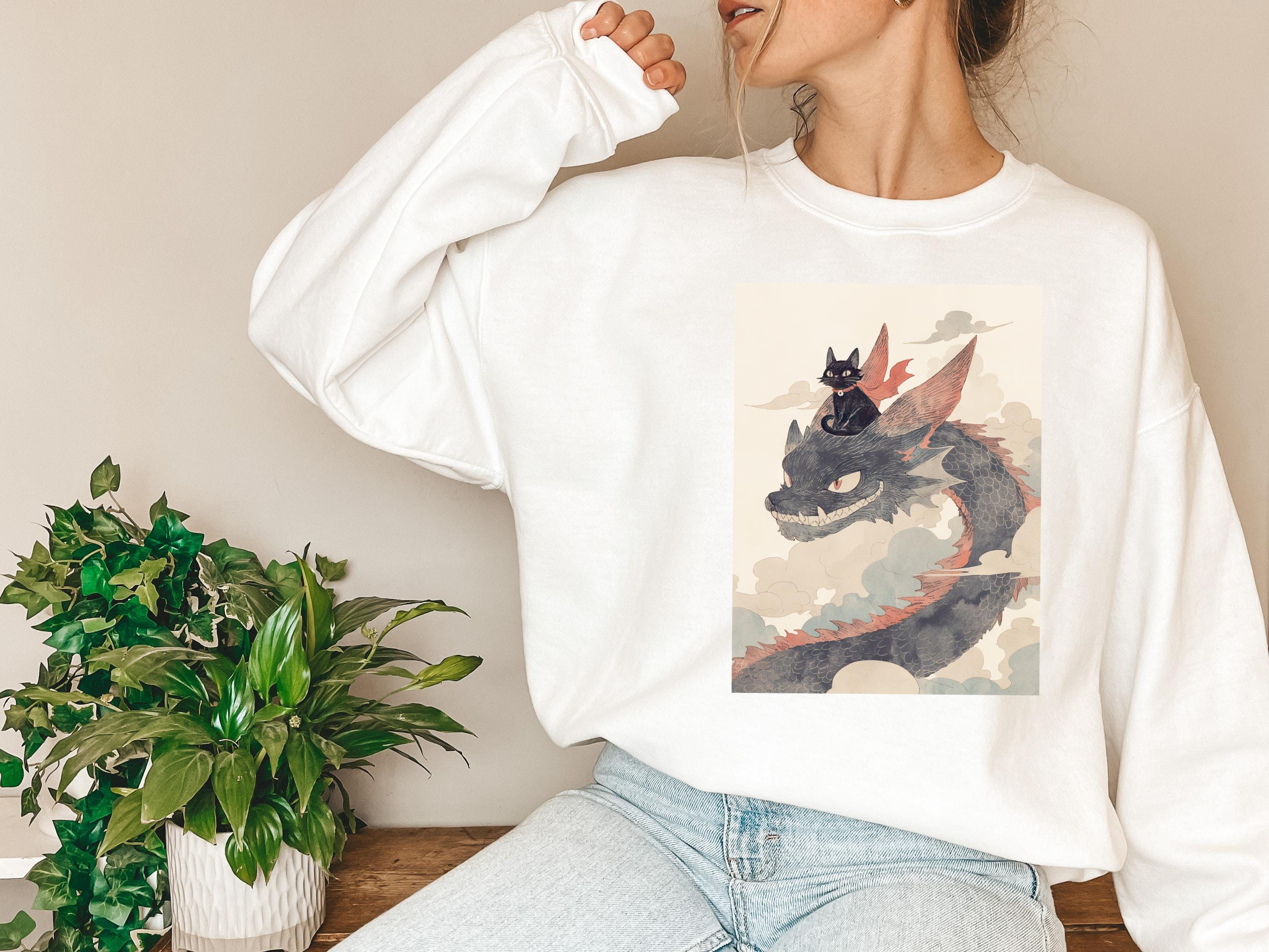 Cartoon Black Cat Riding a Dragon Sweatshirt | Cozy Fantasy