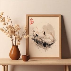 Sleeping Fox Cute Poster Japanese Fox Art Print Sleeping Fox Wall Decor For Living Room Woodblock Fox Oriental Art Print Cute Fox Minimalist