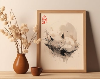 Sleeping Fox Cute Poster Japanese Fox Art Print Sleeping Fox Wall Decor For Living Room Woodblock Fox Oriental Art Print Cute Fox Minimalist
