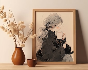 Girl and Cat Wall Poster Coffee, Morning Girl, For Kitchen Wall Art, Anime Girl, Gift for Anime Lover, Japanese Black Cat Poster