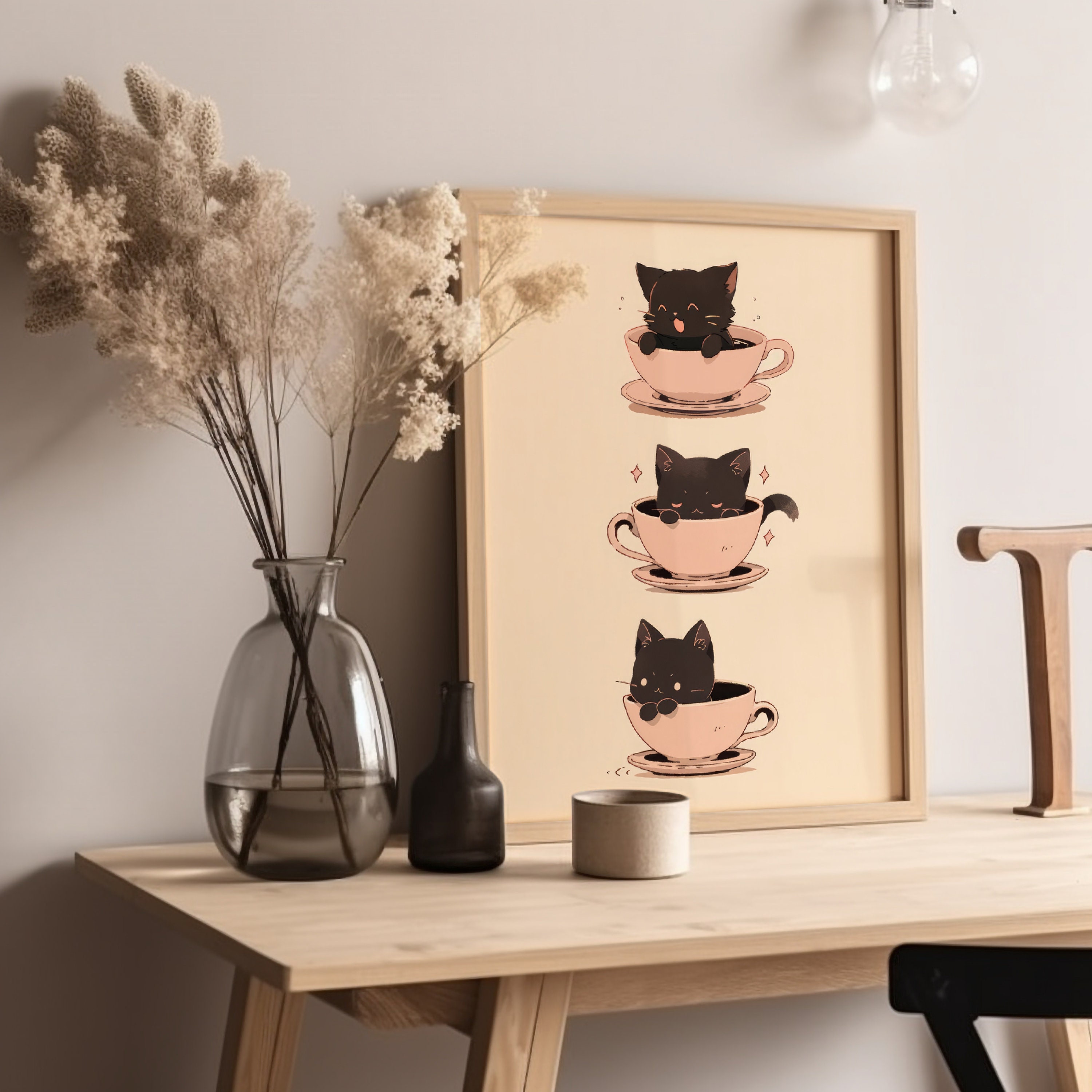 Coffee Cup Cat Poster, Japanese Wall Art, Black Cat Poster, Coffee Art ...