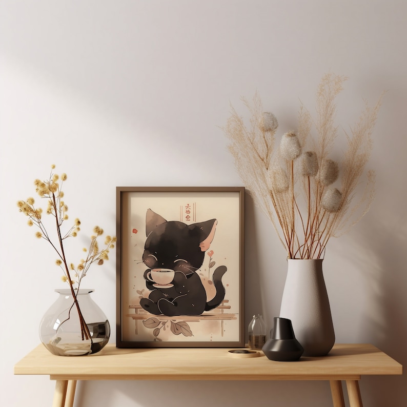 Kaffekattposter, japansk katt som dricker kaffe, väggdekoration i köket, kattkonsttryck, animekatt, presenter till kattälskare bild 5