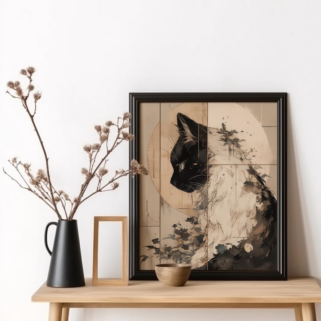 Japan Cat Wall Art Poster Black Cat White Oriental Modern Print ...