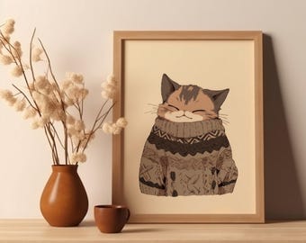 Snug Cat in Sweater Poster Cat Lover Funny Cat Art Cat Decor Minimalistic Modern Cat Wall Decor Trendy Retro Winter Sweater Art