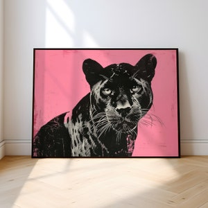 Panther Print, Pink Background Black Panther, Japanese Woodblock Art, Animal Artwork, Maximalist Wall Art, Black Panther Portrait