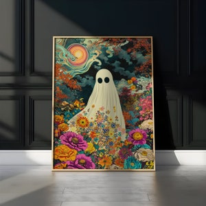 Gothic Ghost Psychedelic Home Decor, Colorful Dark Romantic Ghost, Horror Spooky Cute Wall Art, Ghost and Flowers Poster