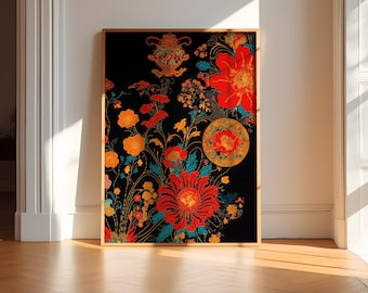 Aziatische bloemen kunstposter bloemen muurdecoratie woonkamer oosters zwarte achtergrond vintage print ontwerp Aziatische bloemen Miresgal