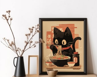 Noodle Black Cat Poster Tokyo Art Print Edo Period Ramen Noodles Art Japan Black Cat Poster Eating Hungry Cat For Kitchen Wall Art