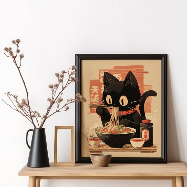 Noodle Black Cat Poster Tokyo Art Print Edo Period Ramen Noodles Art Japan Black Cat Poster Eating Hungry Cat For Kitchen Wall Art