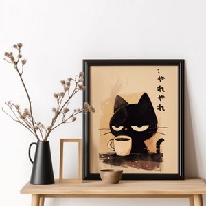 Yare Yare katttryck, japansk "Ge mig en paus"-konst, kaffekattaffisch, rolig japansk katt, köksväggdekor, animekatt, kattälskarepresent