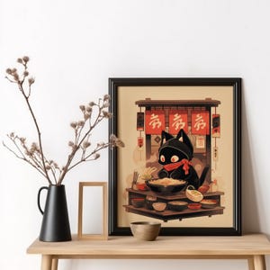Ramen Shop Cat Poster Decoración de pared de cocina japonesa Fideos Black Cat Poster Tokyo Print Funny Cat Shop Owner Art Período Edo