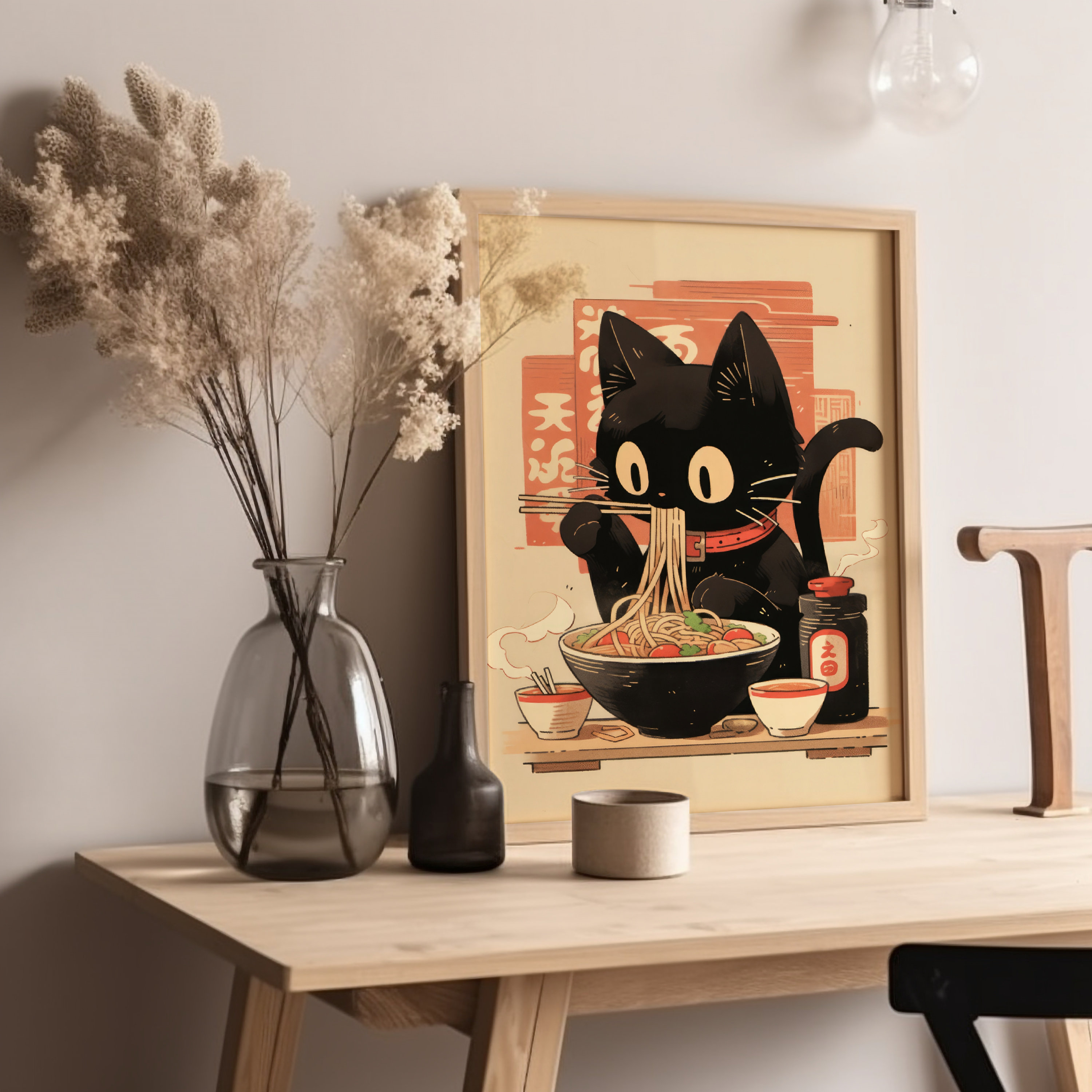 Noodle Black Cat Poster Tokyo Art Print Edo Period Ramen Noodles Art ...