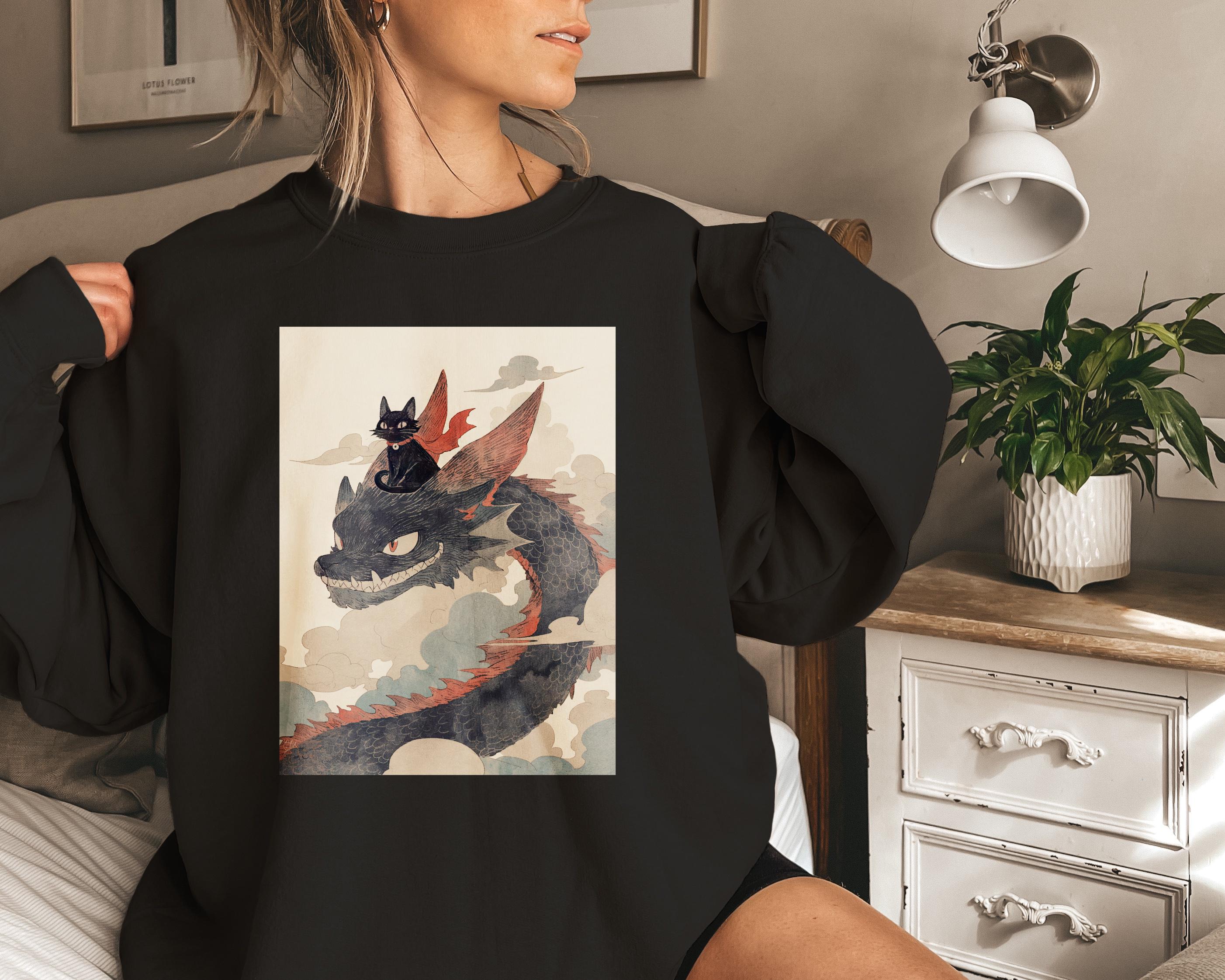 Cartoon Black Cat Riding a Dragon Sweatshirt | Cozy Fantasy