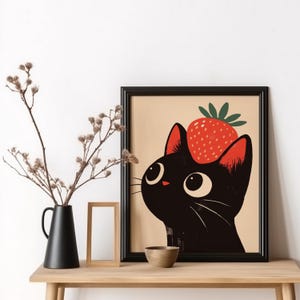 Gatto Frutta Arte Carino Fragola Gatto Stampa Gatto Nero Poster Illustrazione Gatto Regalo Amante Dei Gatti Fragola Cucina Giapponese Arte Divertente Gatto Poster