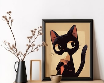 Ice Cream Cat Poster, Funny Black Cat Art, Kitchen Wall Art, Gift for Ice Cream Lover, Gift for Cat Lover, Anime Cat Eating Ice Cream