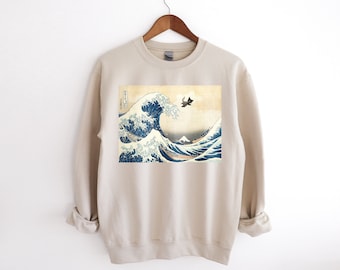 The Great Wave and Magic Black Cat Sweatshirt, Funny Black Cat Sweater, Hokusai Crewneck, Japanese Sweatshirt, Kanagawa Sweater Japan Style