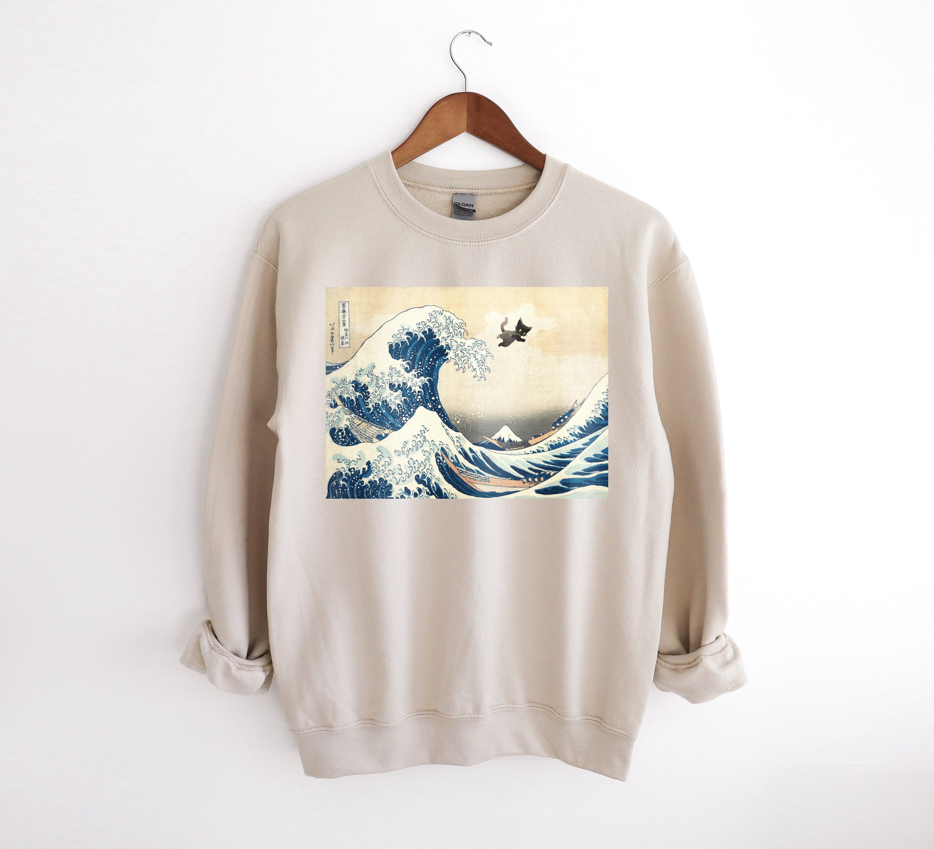 The Great Wave and Magic Black Cat Sweatshirt Funny Black Cat Sweater Hokusai Crewneck Japanese Sweatshirt Kanagawa Sweater Japan Style