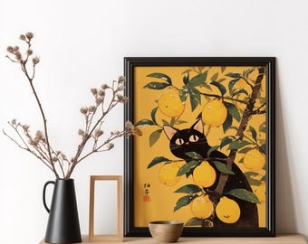 Yuzu Cat Art Print: Japanese Lemon Tree, Funny Black Cat Poster