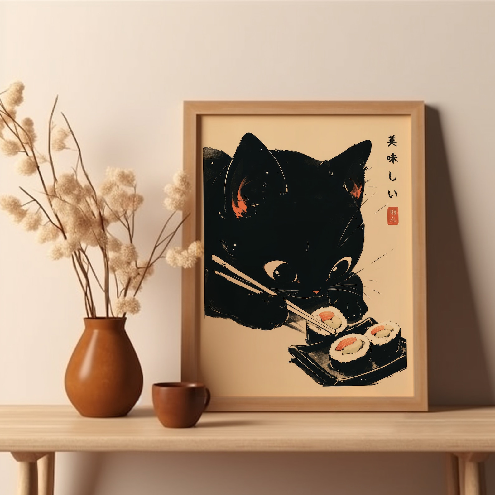 Sushi Black Cat Poster Tokyo Art Print, Oishii Cat Print, Delicious ...