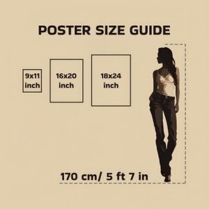 May include: A poster size guide with three different poster sizes: 9x11 inches, 16x20 inches, and 18x24 inches. A silhouette of a person is shown standing next to the posters to illustrate the size of each poster. The text "170 cm/5 ft 7 in" is shown below the person.