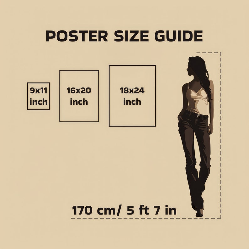May include: A poster size guide with three different poster sizes: 9x11 inches, 16x20 inches, and 18x24 inches. A silhouette of a person is shown standing next to the posters to illustrate the size of each poster. The text "170 cm/5 ft 7 in" is shown below the person.