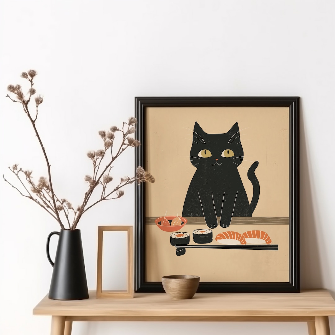 Japanese Black Cat Sushi Art Print, Unique Gift for Cat Lover, Sushi ...