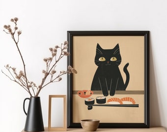 Japanese Black Cat Sushi Art Print, Unique Gift for Cat Lover, Sushi Illustration Print, Kitchen Art, Sushi Kitty, Animals, Whimsical