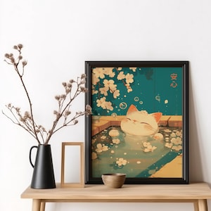 Japanese Cat Bathroom Art Japanese Bathroom Decor Bath Cat Print Funny Cat Poster Cherry Blossom Bath Art Washroom Cat Art White Cat Bath