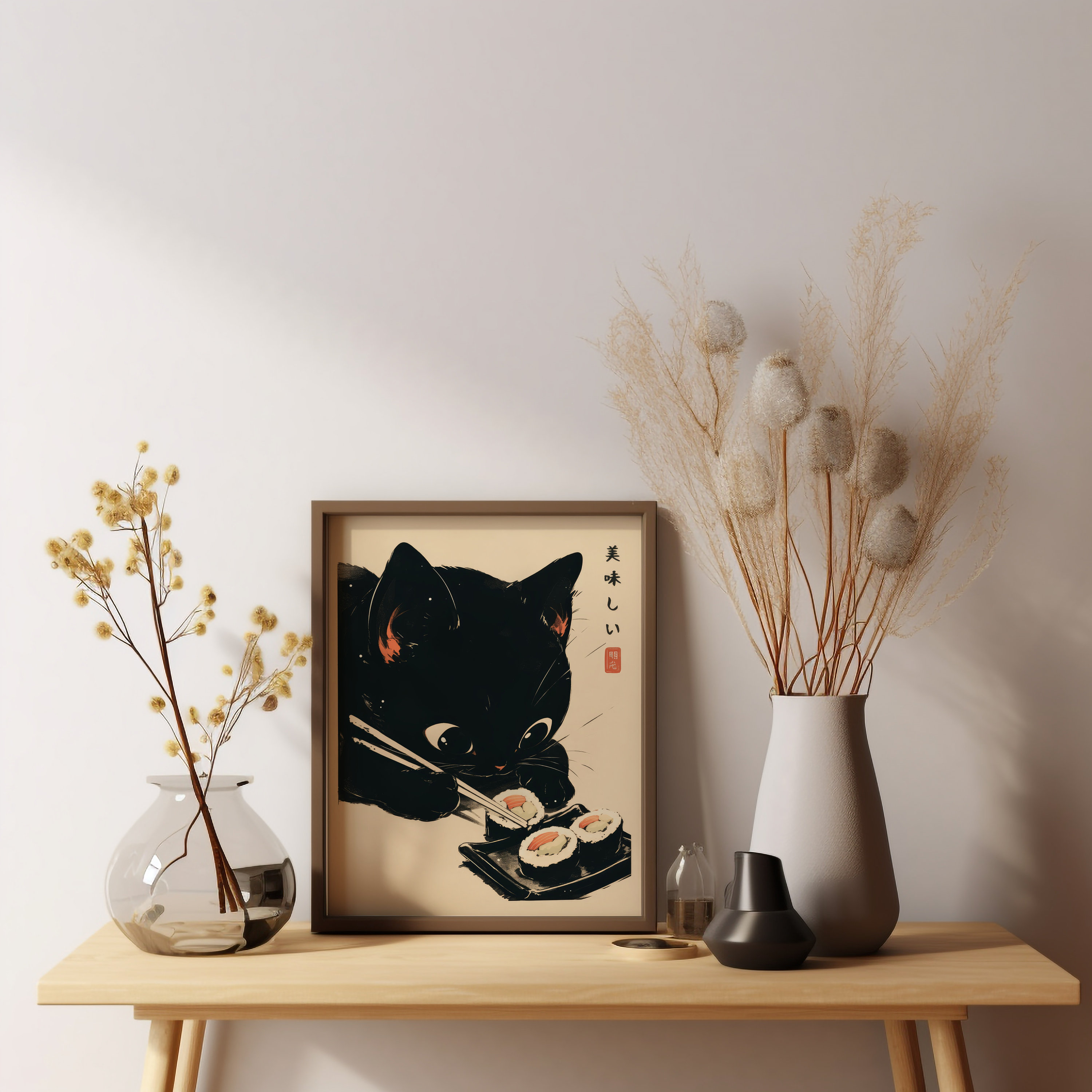 Sushi Black Cat Poster Tokyo Art Print, Oishii Cat Print, Delicious ...