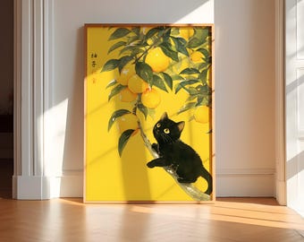 Arte mural de gato negro con limón y yuzu de Tokio, arte japonés con limón y yuzu, decoración de cocina japonesa, arte de frutas cítricas, arte mural de frutas japonesas