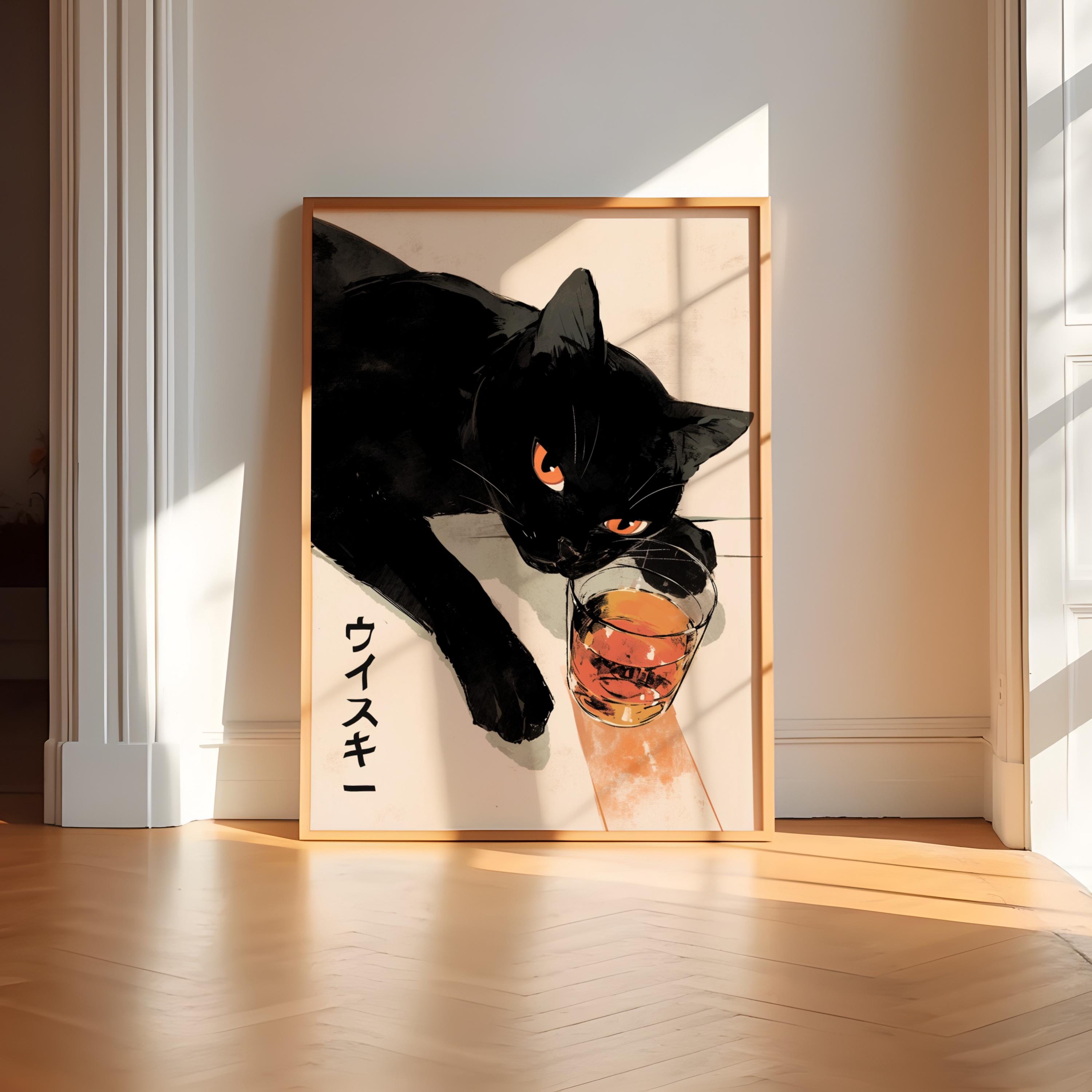 Japanese Whiskey Print Japanese Black Cat Sake Unframed Art Asian Kitchen Bar Poster Whiskey Lover Gift Black Cat Lover Gift Cocktail Poster