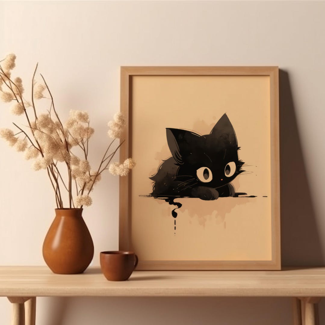 Black Cat Woodblock Print Japan Ink Cute Cat Poster Manga Wall Art ...
