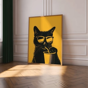 面白い猫の壁アート、コーヒー愛好家へのギフト、サングラスコーヒー黒猫アートプリント、ヒップスター猫寮バーポスター、キッチンアートプリント