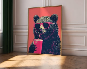 Funny Bear Wall Art, Bear Drinking Coffee, Sunglasses Bear Art Print, Hipster Bear, Kitchen Art Print, Funny Food Print, Coffee Lover