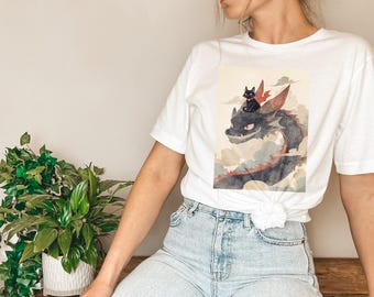 Black Cat Riding a Dragon T-Shirt | Fun Fantasy T-Shirt | Kawaii Cat Lover Gift | Unique Cat and Dragon Design | Casual Anime Tee