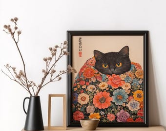 Kimochi Cat Art Print, Good Feelings Japanese Art, Gustav Klimt Inspired Cat in Flower Blanket Art, Vintage Cat Poster, Cozy Wall Art