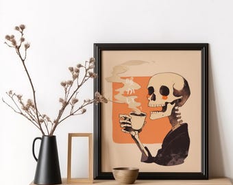 Satin Poster, Japanese Skeleton with Hot Coffee Atatakai meaning Warm, Japanese Skeleton Poster, Coffee Lover Gift, Halloween Decoration