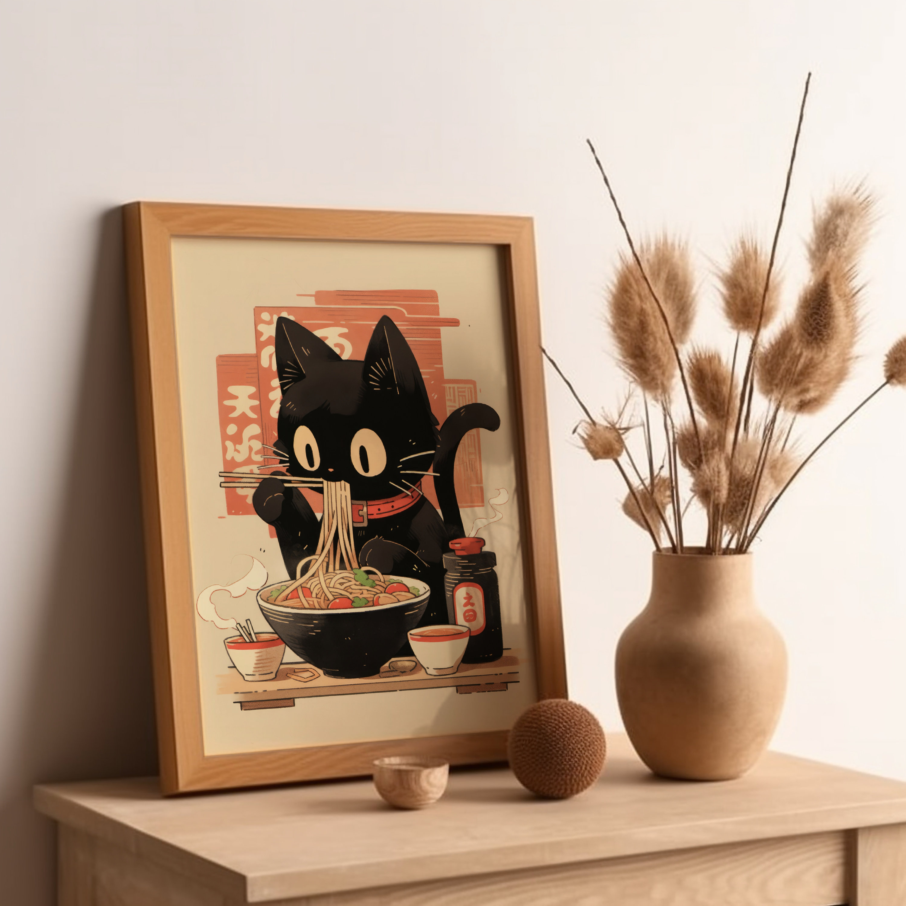 Noodle Black Cat Poster Tokyo Art Print Edo Period Ramen Noodles Art ...