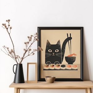 Japanese Sushi Cat, Black Cat Print, Gift for Cat Lover, Kitchen Wall Art, Funny Black Cat, Sushi Wall Art, Asian Cat Illustration